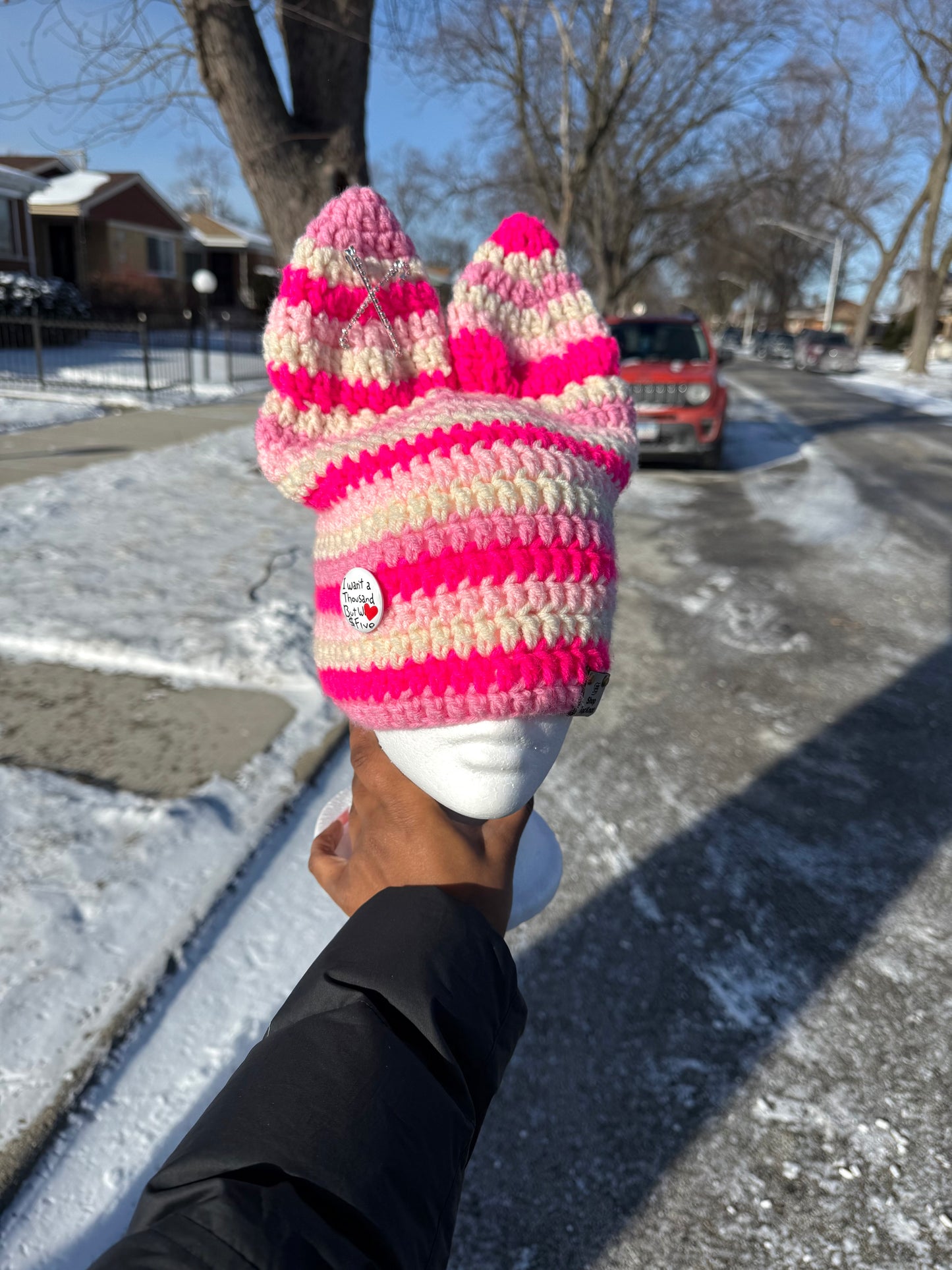 Pinkie bunny ear beanie